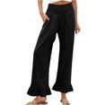 thumbnail image 1 of Ruffled Pants for Woman Fashion Ruffle Hem Pant Smocked Elastic High Waist Long Pants for Women Linen Spring Fall Trousers, Black, Large, 1 of 7