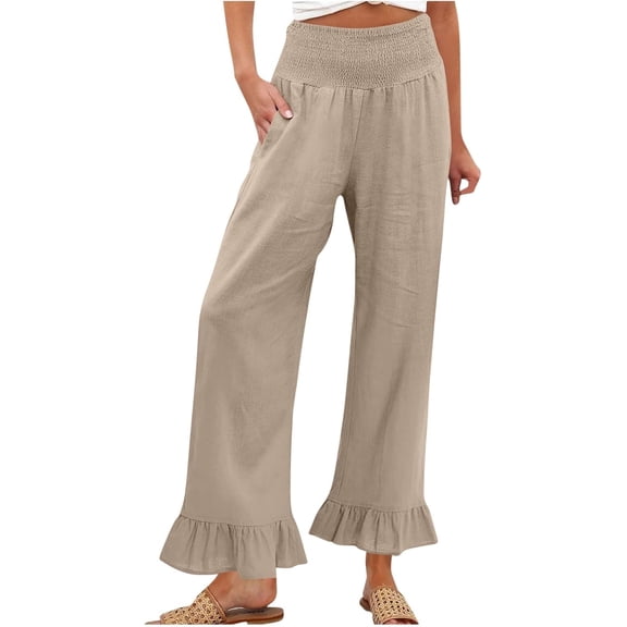 Ruffled Pants for Woman Fashion Ruffle Hem Pant Smocked Elastic High Waist Long Pants for Women Linen Spring Fall Trousers, Khaki, Medium
