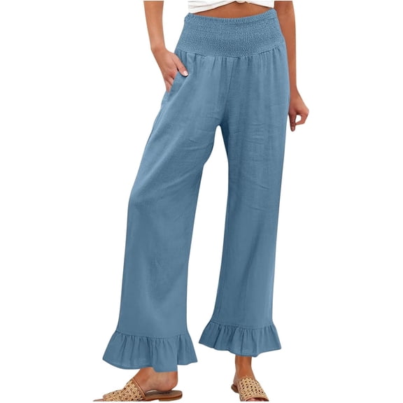 Ruffled Pants for Woman Fashion Ruffle Hem Pant Smocked Elastic High Waist Long Pants for Women Linen Spring Fall Trousers, Light Blue, Small