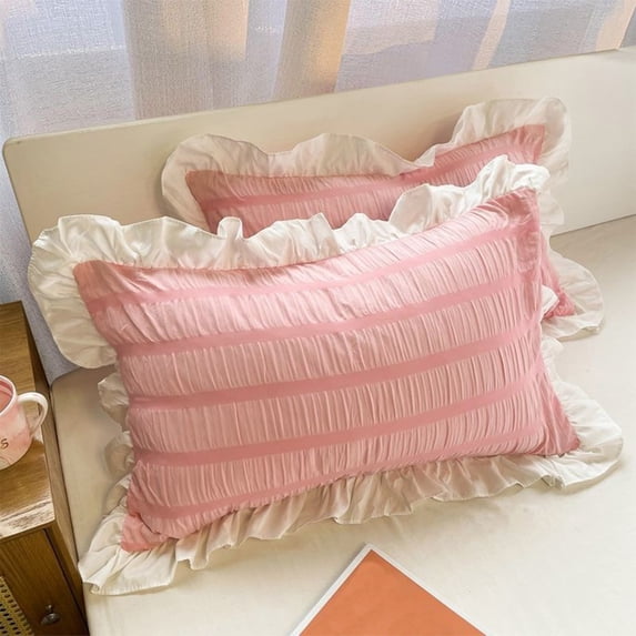 Ruffled Pillow Shams White Standard Set of 2 Lace Pillowcases Shabby Chic Bright Farmhouse Ruffle Victorian Country French Decorative Pretty Princess Frilly Pillow Cover Cotton Cute ,29x19 in