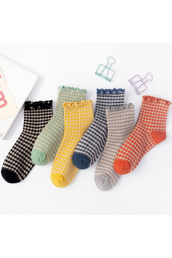 Ruffled Pleated Striped Color Block Women's Cute Ruffled Pleated Striped Cotton Knit Casual Round Socks Yellow One Size