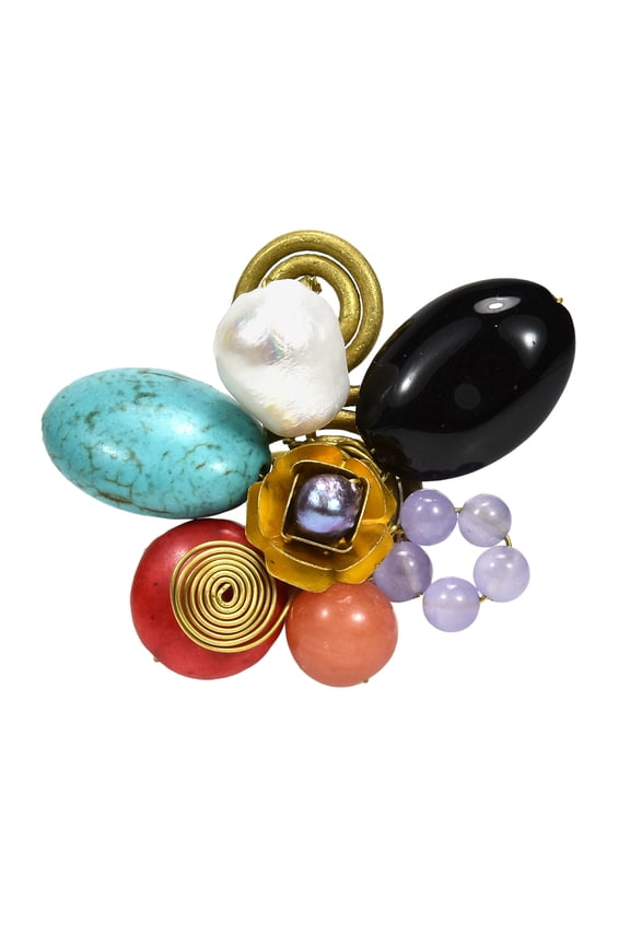 Ruffled Rose Multicolor Stone Cluster Free Size Brass Ring