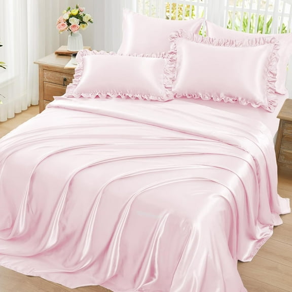 Ruffled Satin Sheets King Size 6pc Set - Blush Pink Bed Sheet Set with 15 Inch Deep Pocket Fitted Sheet, 1 Flat Sheet, 2 Ruffled Pillow Shams & 2 Pillowcases, Similar to Silk Sheets