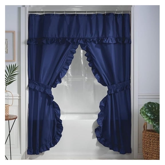 Ruffled Shower Curtain Set, 4-Piece Bathroom Ensemble with Attached Valance, Curtain Liner, , & Tiebacks, Dark Sea
