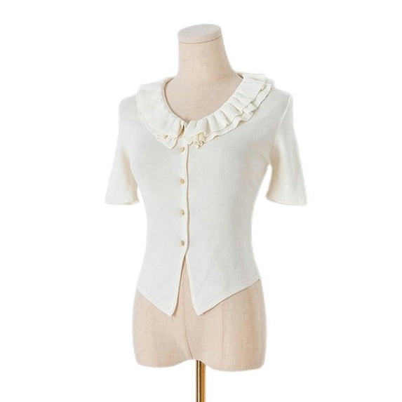 Ruffled Slim Cardigan Women's Contrast Color Stitching Retro Spring and Summer Sweater Elegant-White-M