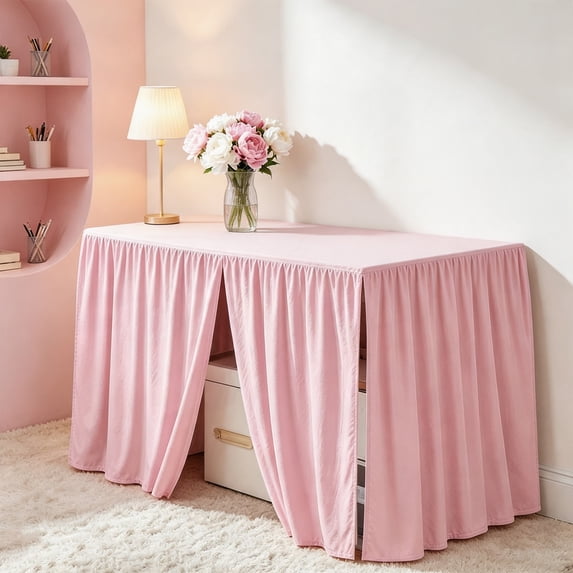 Ruffled Split Dorm Desk Skirt Pleated Table Skirt, Floor Length Decorative Drape with Elastic Strap, Teacher Desk Cover for Classroom Office University, Resistant Dorm Desk Skirt