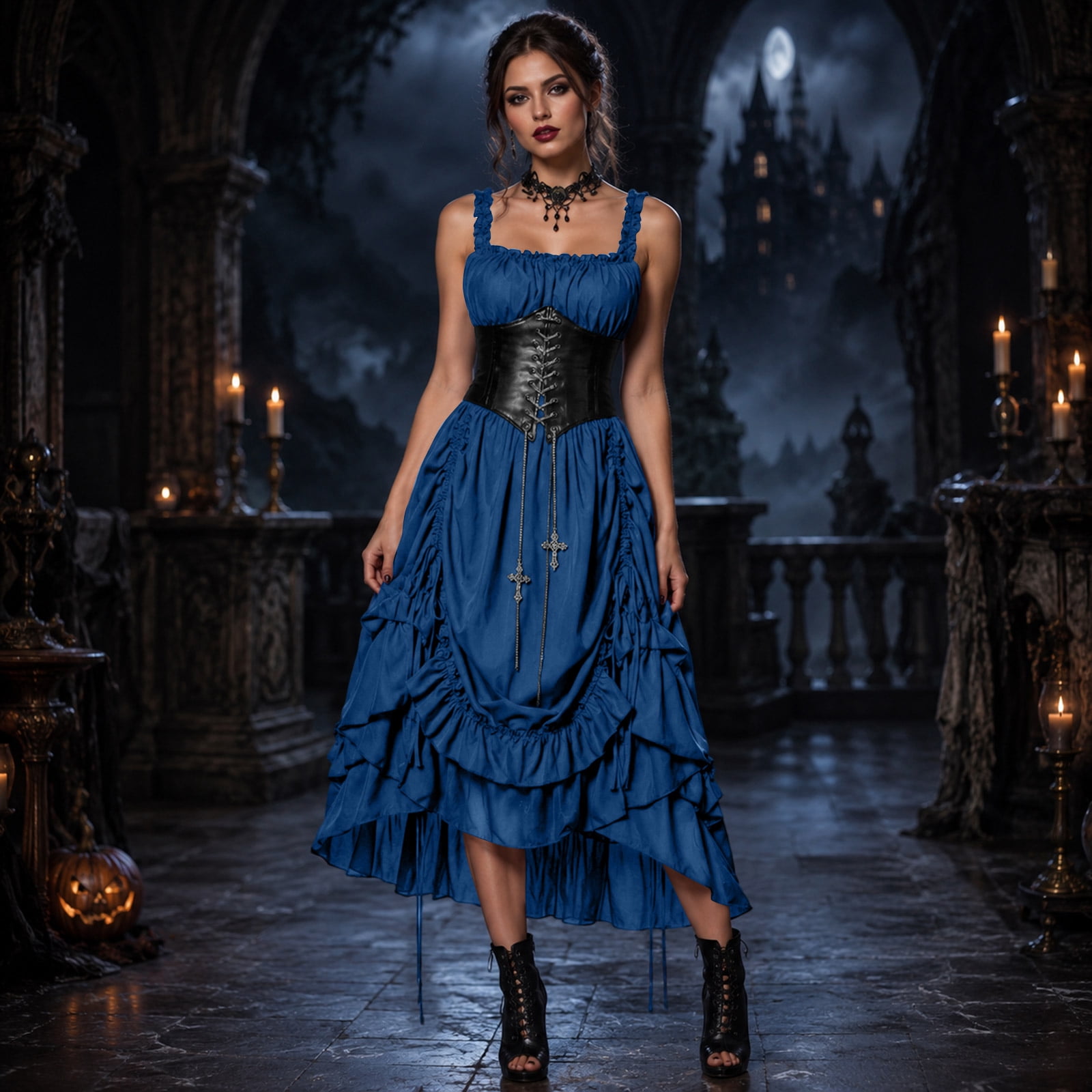 blue gothic victorian dress Bsifazd Ruffled Square-Neck with Cross Necklace, Women's High-Low Hem Punk Party Costume Set (1 Dress + 1 Necklace) S Dress has a hidden Beach Dresses goTIELESS Ultimate Dress Shirt Mesh Color:Light Siam