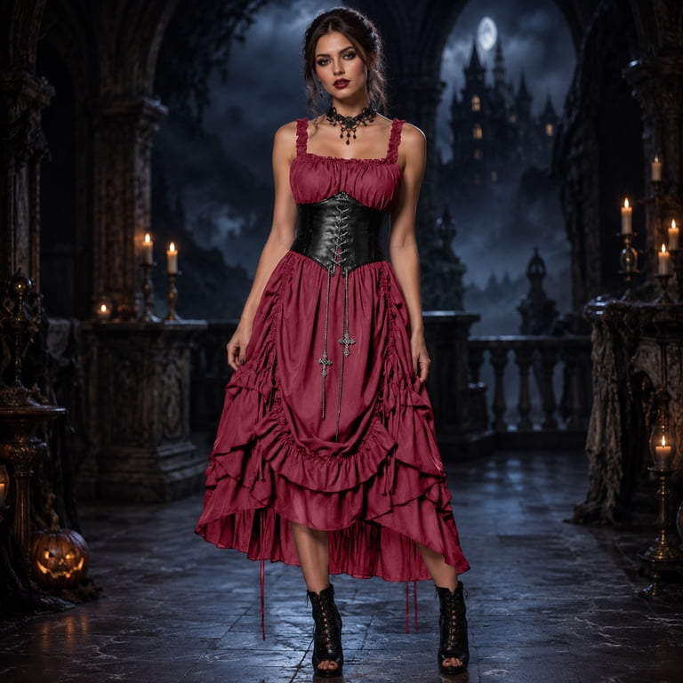ladies dress set Ruffled Square-Neck Gothic with Cross Necklace, Women's High-Low Hem Victorian Punk Party Costume (1 Dress + 1 Necklace) Red XXL white roses