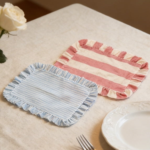 Ruffled Striped Rectangular Placemats, Washable Fabric Table Mats for Kitchen Dining Room, Boho Farmhouse Table Decor, Non-Slip Heat Resistant, Blue