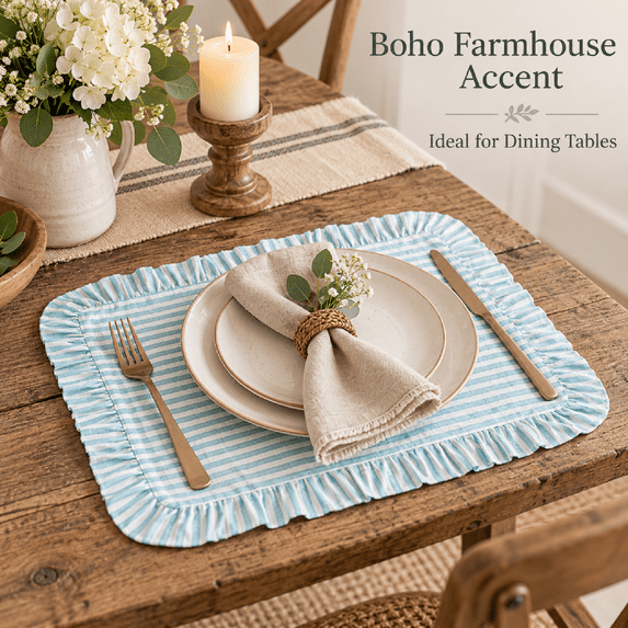 Ruffled Striped Rectangular Placemats, Washable Fabric Table Mats for Kitchen Dining Room, Boho Farmhouse Table Decor, Non-Slip Heat Resistant, Blue