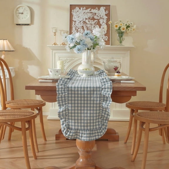 Ruffled Table Runner 72 Inches Long Rustic Cotton Tabletop Farmhouse Decor for Baby Shower Bride Shower Birthday Party Holiday Wedding (Gingham blue)
