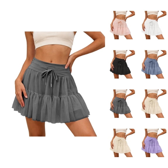 Ruffled Tennis Skorts for Women High Waisted Pleated Mesh Layered Tulle Flowy A Line Mini Skirts with Pockets