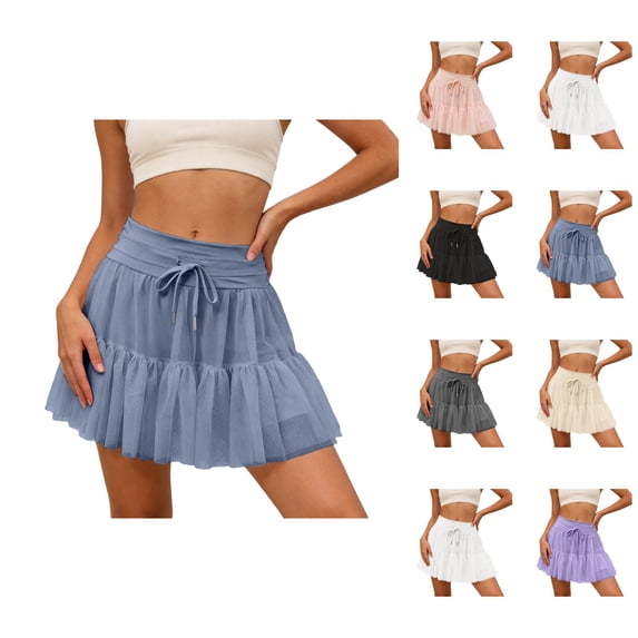 Ruffled Tennis Skorts for Women High Waisted Pleated Mesh Layered Tulle Flowy A Line Mini Skirts with Pockets