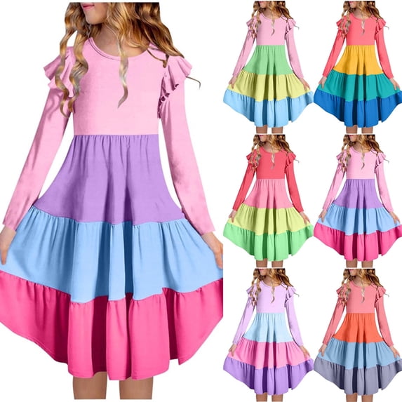 Ruffled Tiered Dress Girls Colorblock Long Sleeve A-Line Swing Midi Dresses Spring Easter Cute Clothes (11-12 Years, Pink)