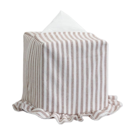 Ruffled Tissue Box Cover Cotton Fabric Striped Tissue Holder with Top Opening for Living Room Tabletop Styling
