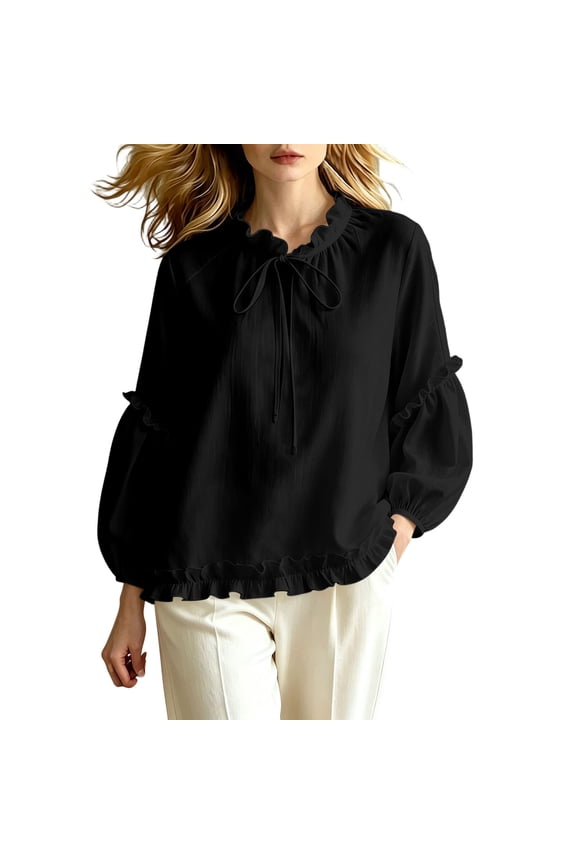 Ruffled Tops For Women Frilled Crew Neck Bow Tie Puff Long Sleeve Blouse Oversized Casual Cute Shirts (M, Black)