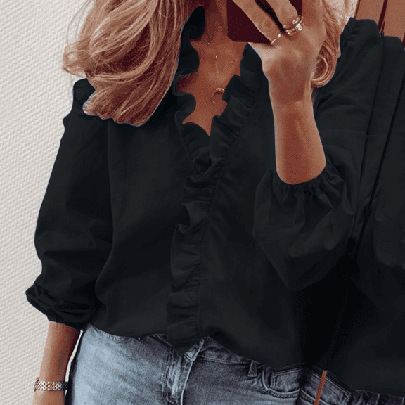 Ruffled Tops for Women Shirts for Women Long Sleeve Shirt Button Up Shirt Button Down Blouse Boho V Neck Blouses Dressy Casual Blouses V Neck Ruffle Blouse Work Checkered Shirt Black L