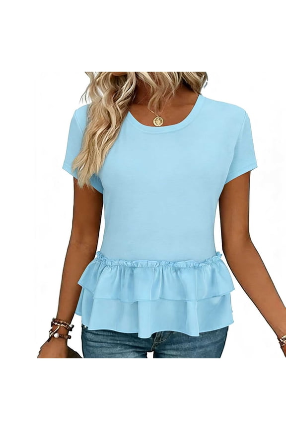 Ruffled Tops for Women Crew Neck Short Sleeve Cute Summer Plain Tee Shirt Fitted Flounce Hem Trendy Blouses (L, Light Blue)
