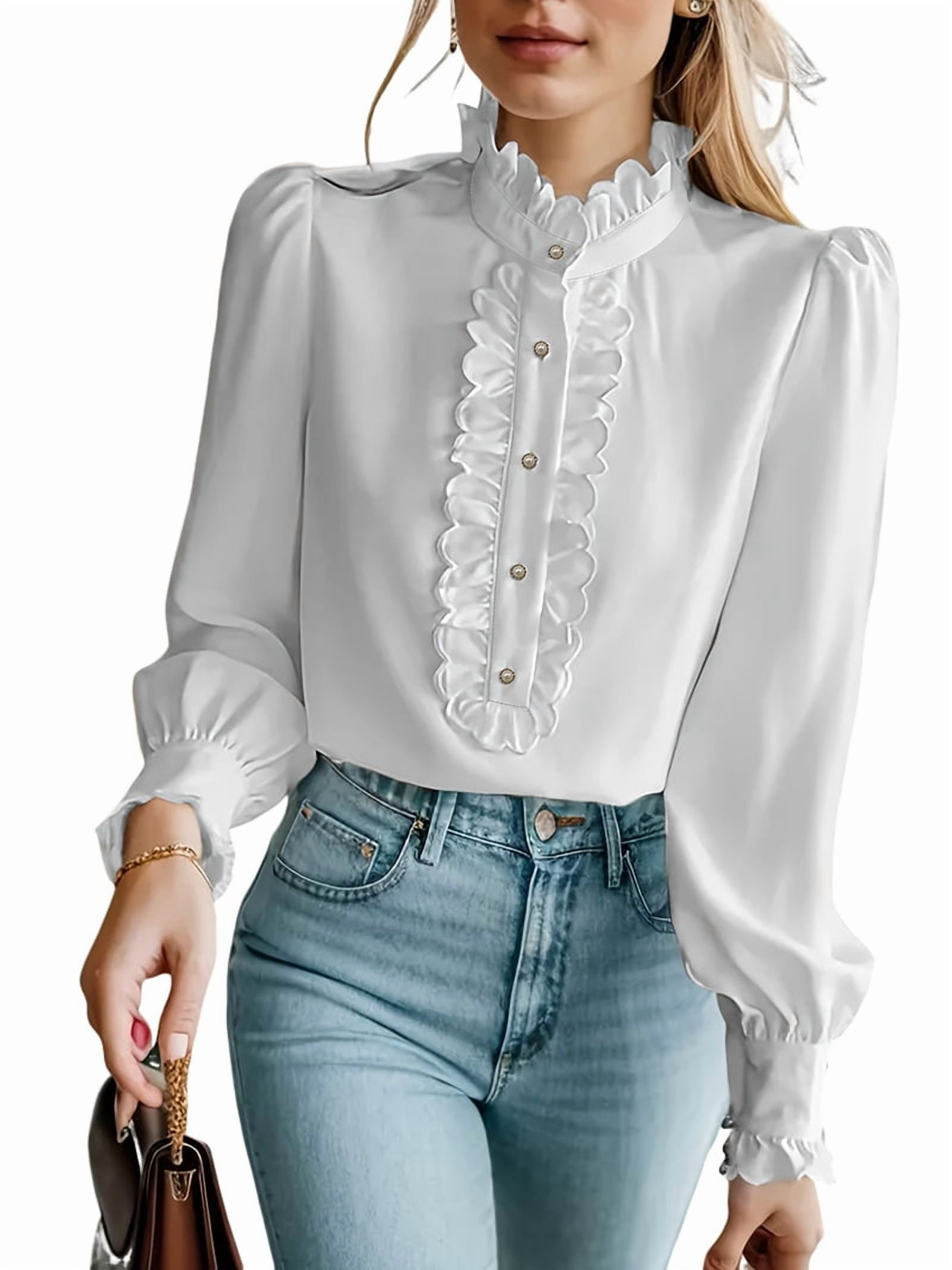 Ruffled Tops for Women V Neck Ruffle Blouse Long Sleeve Ruffle Shirt — free download
