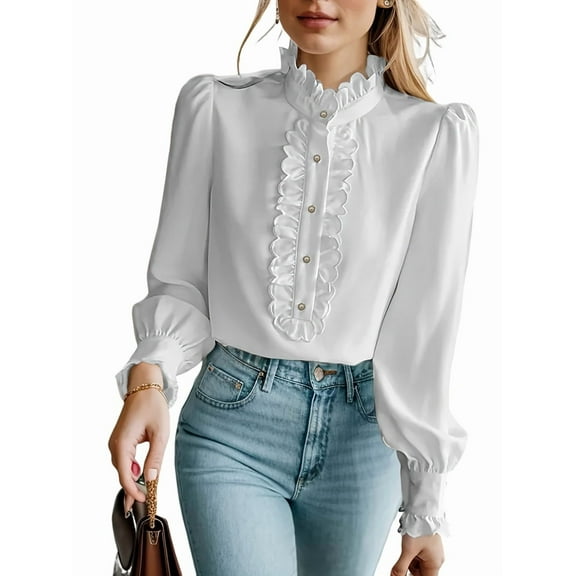 Ruffled Tops for Women V Neck Ruffle Blouse Long Sleeve Ruffle Shirt Comfort Plus Size Long Sleeve Shirts White M