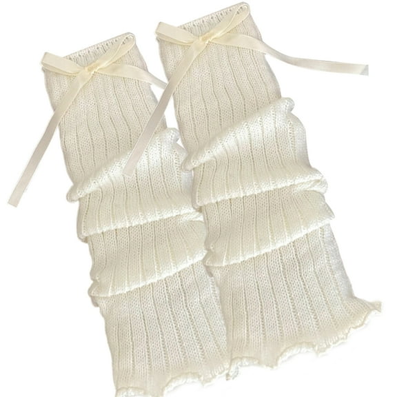 Ruffled Trim Arm Warmer Sun Protective Fingerless Gloves Sweet Bowknot Ribbed Knit Arm Leg Sleeve Covers for Women Girls