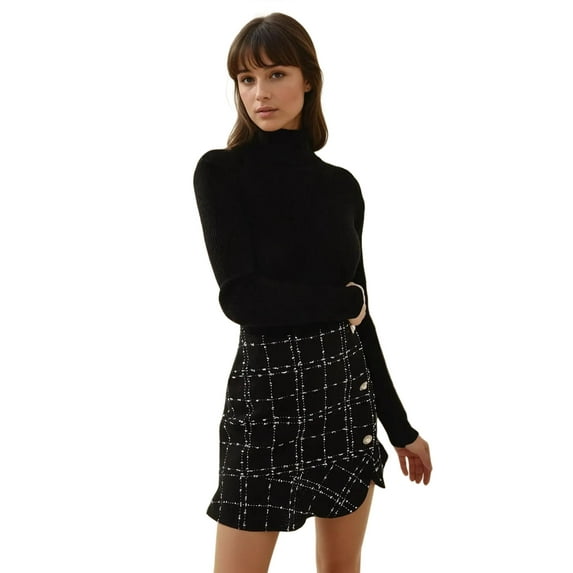 Ruffled Tweed Mini Skirt with Button Detail