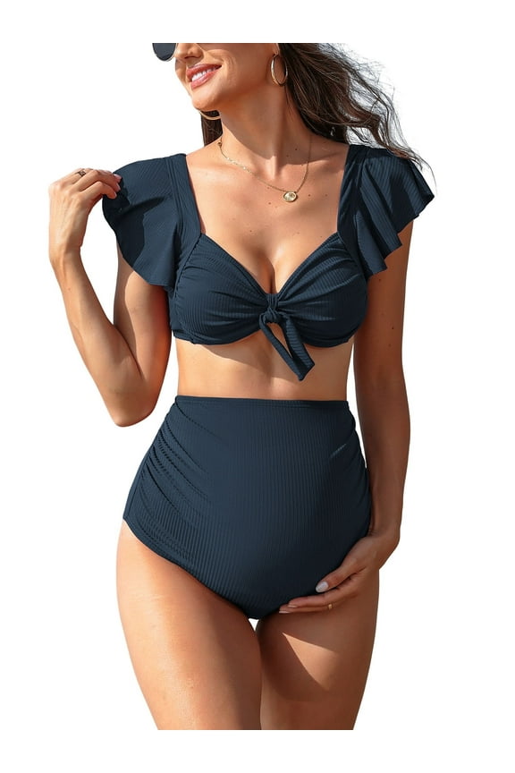 Ruffled V Neck Bikini Sets for Maternity Tie Back Two Piece Bath Suit Pregnancy Swimsuit