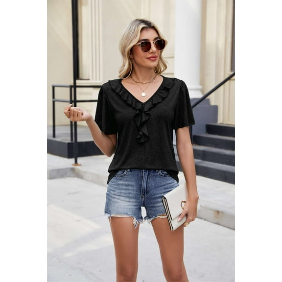 Ruffled V-Neck Short-Sleeve Top (S, Black)