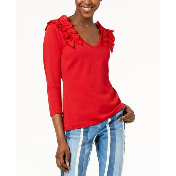 Ruffled V Neck Sweater Real Red XL