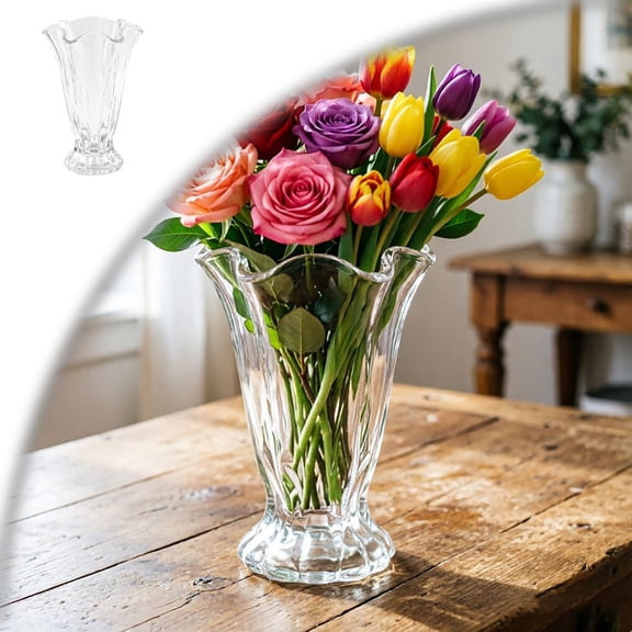 Ruffled Vase Display with Wavy Rim, Hand Blown Glass Vase for Flowers, Blown Glass Decor Centerpiece with Ribbed Panels for Tabletop Shelf Mantel Home Decor