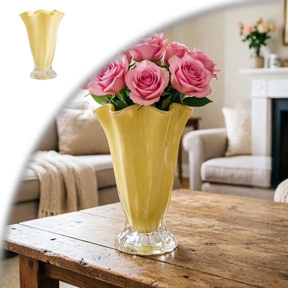Ruffled Vase Display with Wavy Rim, Hand Blown Glass Vase for Flowers, Blown Glass Decor Centerpiece with Ribbed Panels for Tabletop Shelf Mantel Home Decor