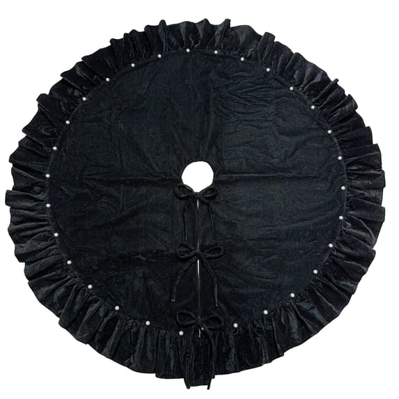 Ruffled Velvet Christmas Tree Skirt with Pearl Trim & Bow Ties 60 in,Luxury Round Xmas Tree Skirt, Ruffled Edge Velvet Tree Skirt for Christmas Home Party Holiday Decor-Black
