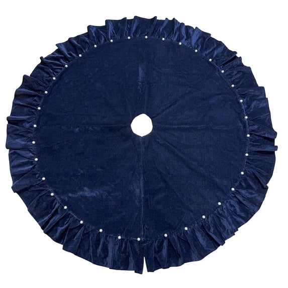 Ruffled Velvet Christmas Tree Skirt with Pearl Trim & Bow Ties 60 in,Luxury Round Xmas Tree Skirt, Ruffled Edge Velvet Tree Skirt for Christmas Home Party Holiday Decor-Blue