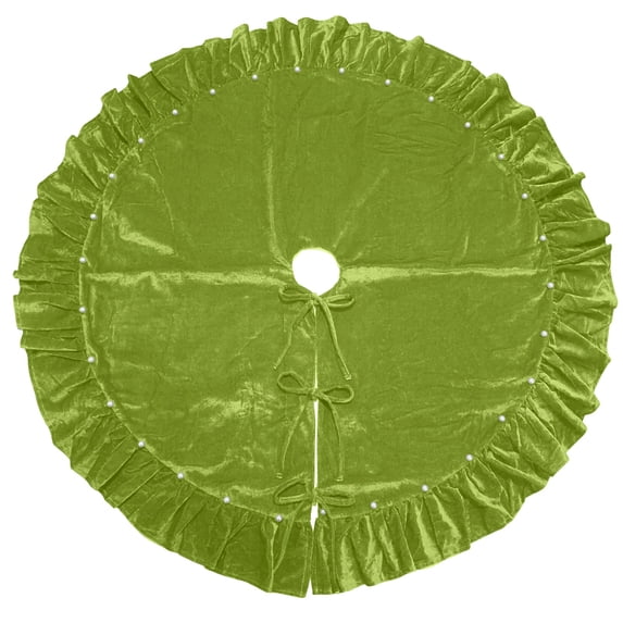 Ruffled Velvet Christmas Tree Skirt with Pearl Trim & Bow Ties 60 in,Luxury Round Xmas Tree Skirt, Ruffled Edge Velvet Tree Skirt for Christmas Home Party Holiday Decor-Green