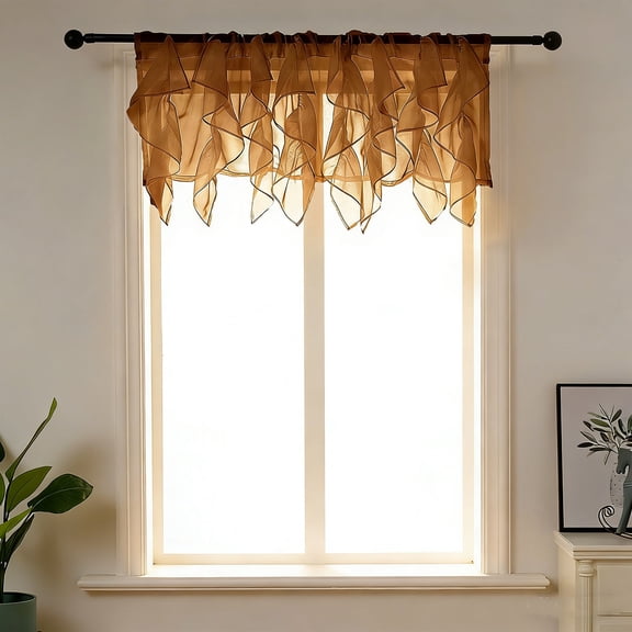 Ruffled Voile Semi Sheer Curtain Valance, Kitchen Living Room Shabby Chic Ruffle Valance Curtains, Cascade Window Valance Rust Brown