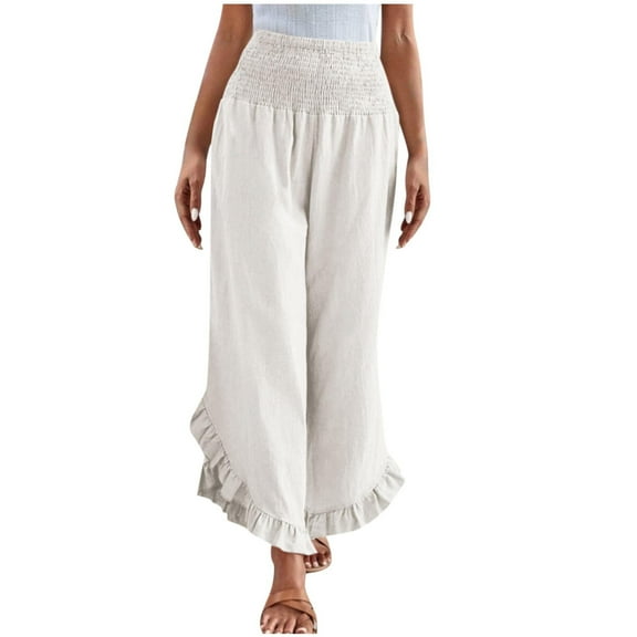 Ruffled Wide Leg Pants for Woman Plus Size Elastic High Waist Straight Leg Stretch Lightweight Women’s Casual Pant Ruffled Shorts White XL