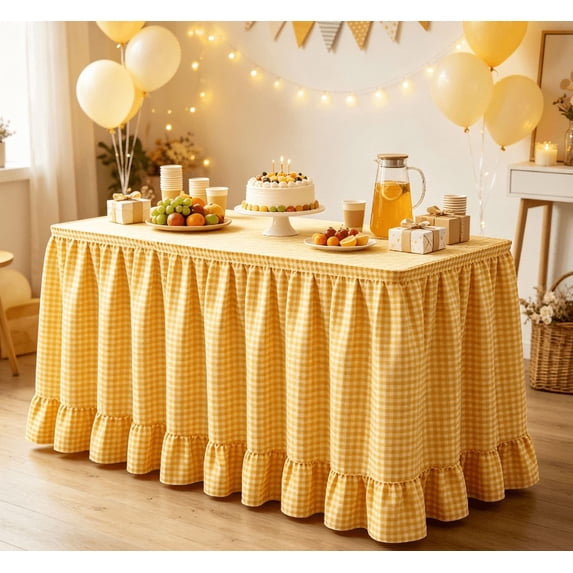 Ruffled Yellow Check Table Skirting, Wrap‑On Hanging Table Curtain With Attachment Strip, Dust‑Proof Table Cover For Ceremony Podium, Dinner Banquet, Celebration Display (Yellow)