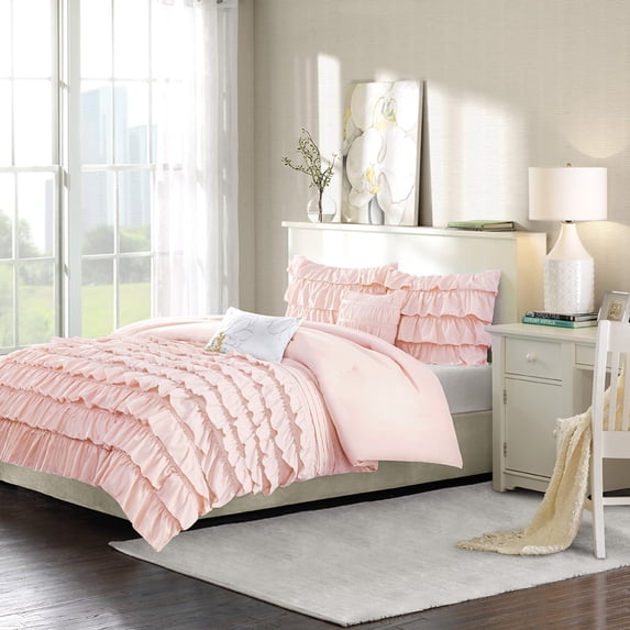 Ruffled comforter set,2 shams (1 in Twin/Twin XL) with Polyester and Microfiber,1 Square and 1 Oblong Secorative Pillows,Microfiber Cover and Polyester Filling,Easy Care and Machine washable,PINK