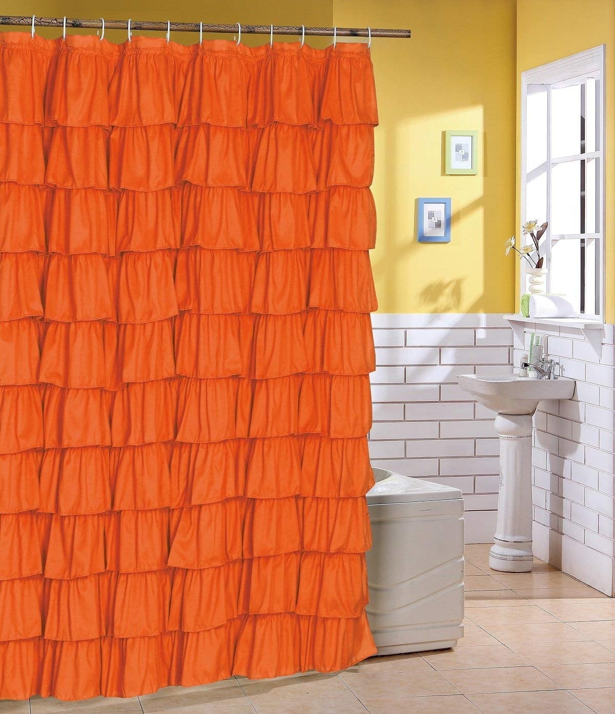 Ruffled orange Fabric Shower Curtain