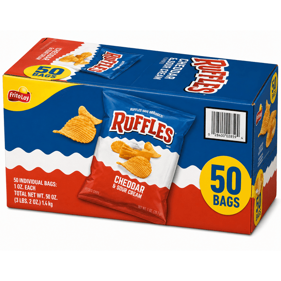 Ruffles Cheddar & Sour Cream Flavored Potato Chips, 1 oz Bags, 50 Count Multipack