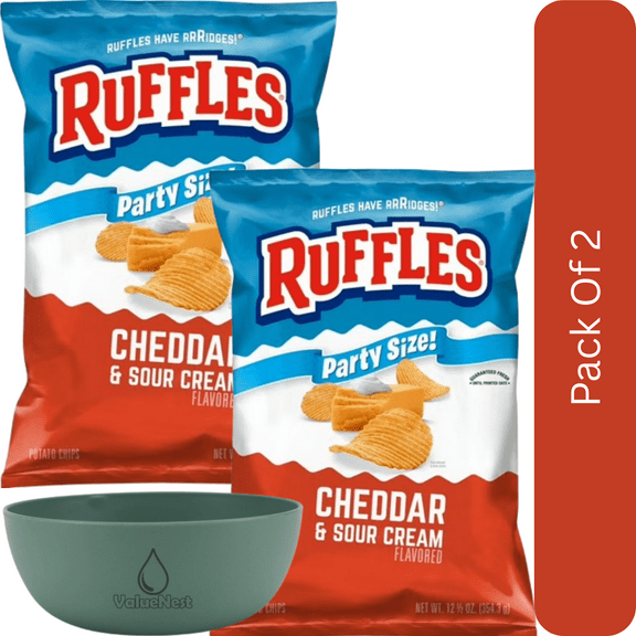 Ruffles Cheddar & Sour Cream Potato Snack Chips, Party Size, 12.5 oz Bag-2pk, With Olive Green Bowl By ValueNest