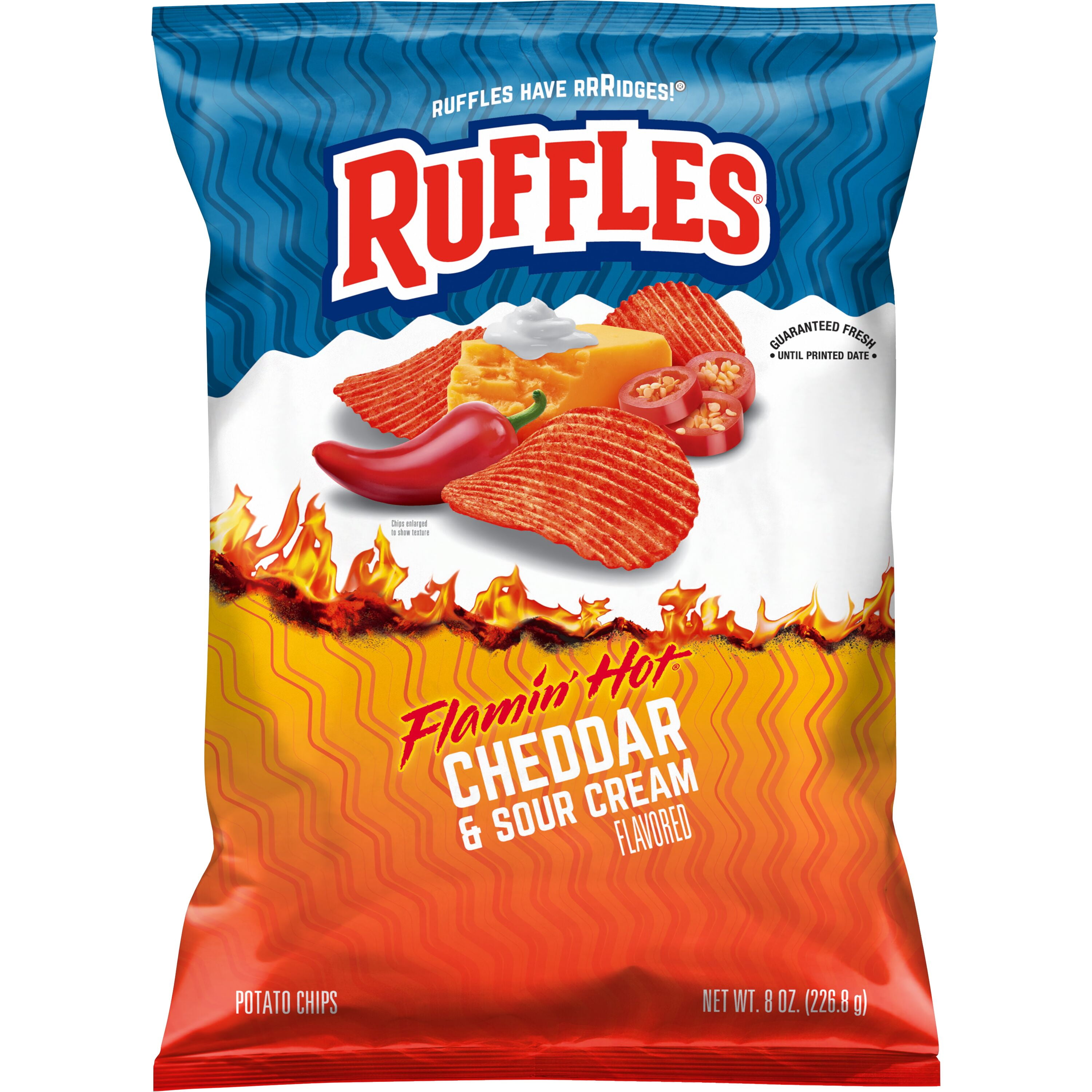 Ruffles Flamin' Hot Cheddar and Sour Cream Flavored Potato Snack Chips, 8 Ounce Bag