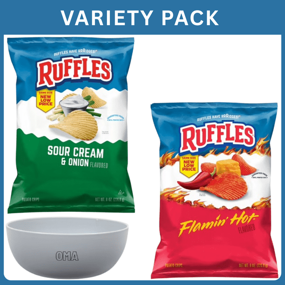 Ruffles Flamin Hot Flavored Potato Snack Chips 8 oz + Ruffles Sour Cream & Onion Flavor Snack Chips 8 oz ,Variety Pack with Bowl by OMA.