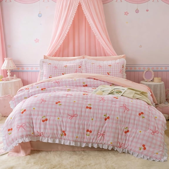 Ruffles Gingham Comforter Set for Girls,Floral Ruffled Bedding Sets,5 Pieces Checkered Bow Bed in a Bag()