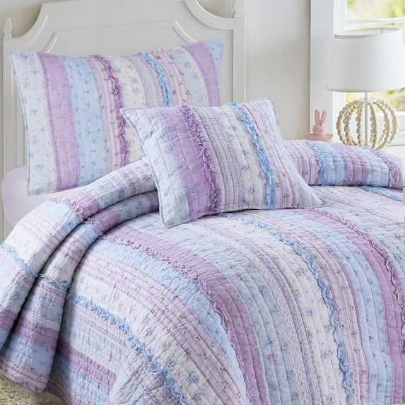 Ruffles Girl 100% Cotton Reversible Quilt Bedding Set, Coverlet, Bedspread ( 3 Piece: 1 Quilt + 2 Shams)