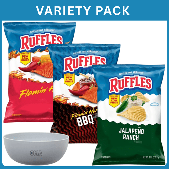 Ruffles Jalapeno Ranch Flavored Potato Chips 8 oz + Ruffles Flamin Hot Flavored Potato Chips 8 oz + Ruffles Flamin Hot BBQ Flavored Potato Chips 8 oz ,Variety Pack with Bowl by OMA.