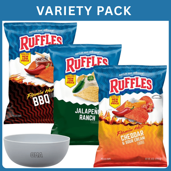 Ruffles Jalapeno Ranch Flavored Potato Chips+Ruffles Flamin Hot BBQ Flavored Potato Snack Chips+Ruffles Flamin Hot Cheddar & Sour Cream Flavored Potato Snack Chips-24oz ,Variety Pack with Bowl by OMA