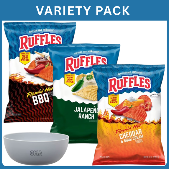 Ruffles Jalapeno Ranch Flavored Potato Chips+Ruffles Flamin Hot BBQ Flavored Potato Snack Chips+Ruffles Flamin Hot Cheddar & Sour Cream Flavored Potato Snack Chips-24oz ,Variety Pack with Bowl by OMA