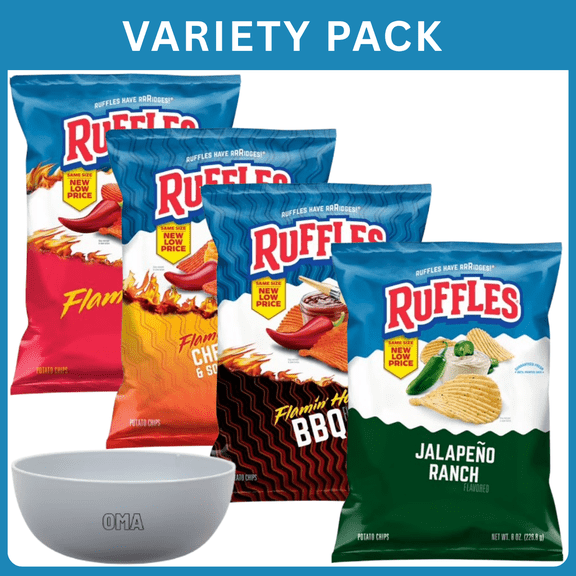 Ruffles Jalapeno Ranch Flavored Potato Chips+Ruffles Flamin Hot Chips+Ruffles Flamin Hot BBQ Potato Chips+Ruffles Flamin Hot Cheddar & Sour Cream Potato Chips-32oz,Variety Pack with bowl by OMA.
