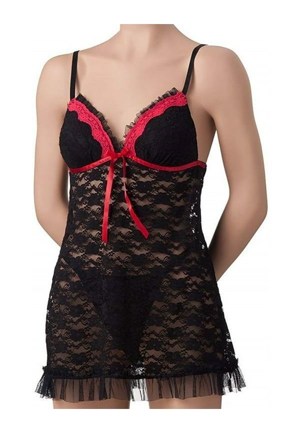 Ruffles & Lace Babydoll & G-String Lingerie Set (Large, Black)